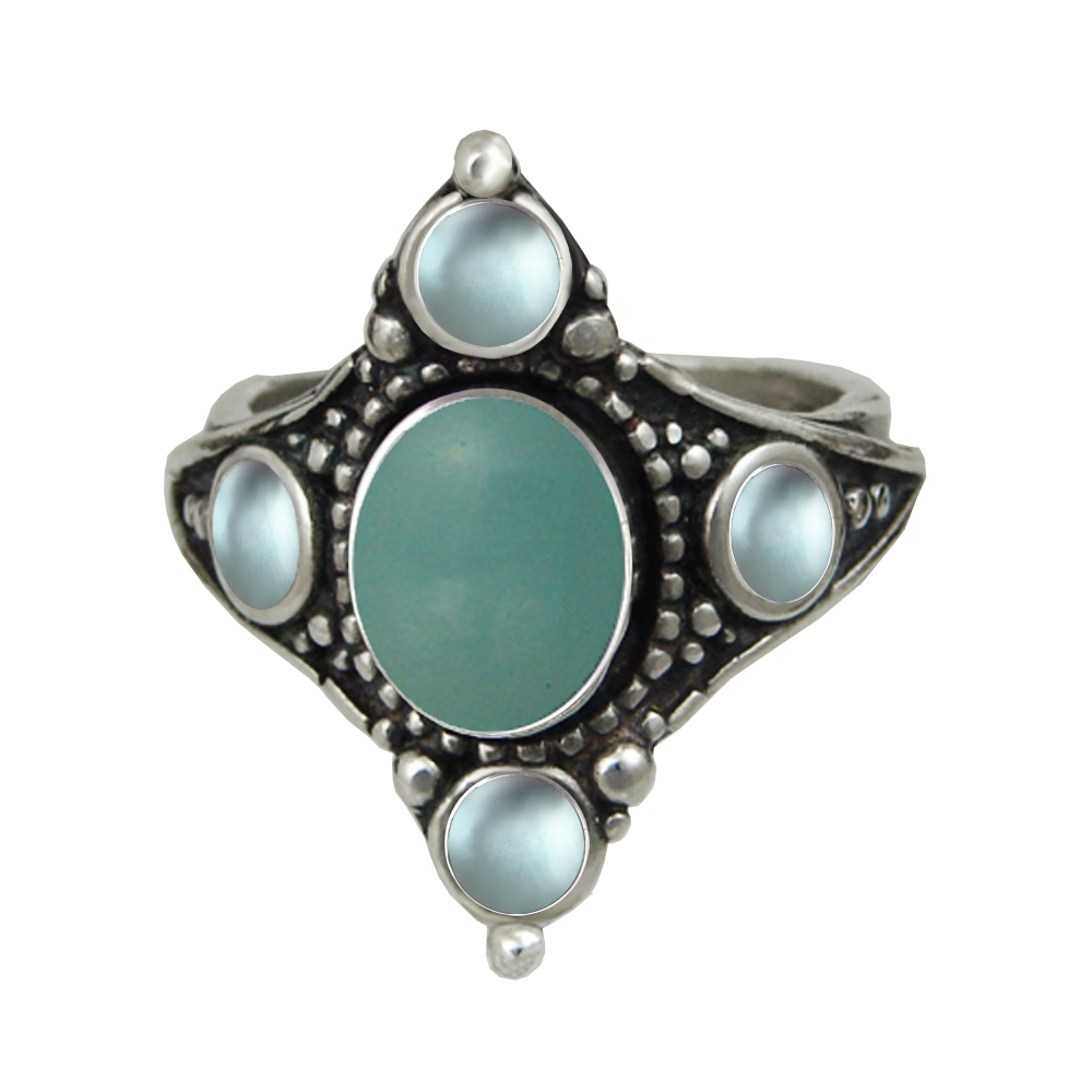 Sterling Silver Renaissance Queen's Ring With Aventurine And Blue Topaz Size 9